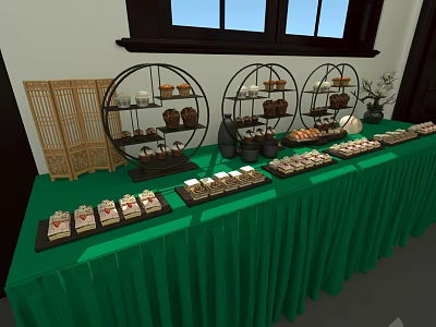 Elegant Tea Break Area With Green Tablecloth Long Table Pastries Tea Sets And Bamboo Screen 3d model