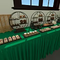 Elegant Tea Break Area With Green Tablecloth Long Table Pastries Tea Sets And Bamboo Screen