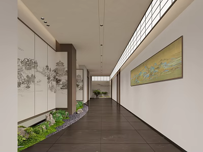Traditional Chinese Hotel Corridor With Decorative Wall Paintings Green Plants And Ceiling Lights 3d model