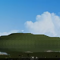 Peaceful Blue Sky White Clouds Green Grassland Lake with Lotus Flowers and Stones
