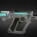 Futuristic Sci Fi Gun With Green Silver Mechanical Design Blue Glowing Elements And Cross Symbol