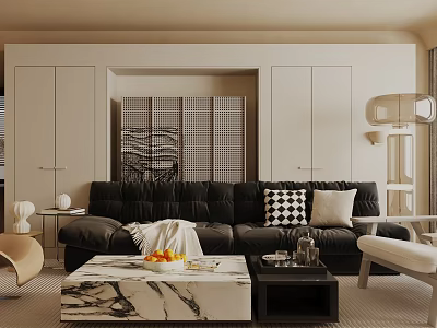 Modern Living Room Interior Design With Black Sofa Checkerboard Beige Throw Pillows Marble Coffee Table 3d model