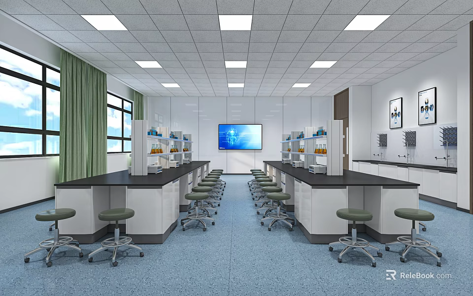 Modern Laboratory Interior With Lab Benches Swivel Stools Equipment Digital Monitor And Windows 3d model 