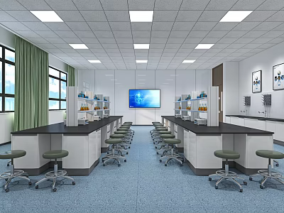 Modern Laboratory Interior With Lab Benches Swivel Stools Equipment Digital Monitor And Windows 3d model