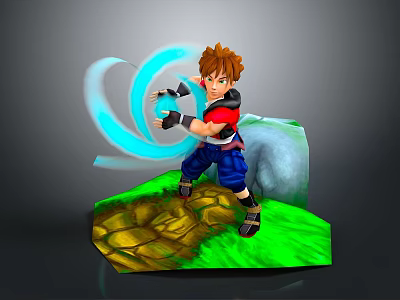 Woman With Brown Hair Using Blue Energy Effects On Green Grass Terrain 3d model