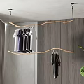 Modern Hanging Clothes Rack With Clothes On Wooden Wall And Green Plant Decoration