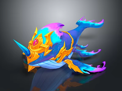Vibrant Mythical Whale Creature Character Design with Golden Armor Unicorn Horn and Glowing Gem 3d model