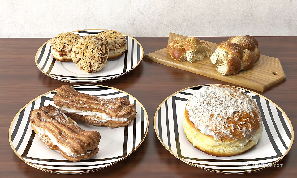 Assorted Bread Pastries With Nut Topping Cream Filling And Powdered Sugar On Plates Cutting Board 3d model 