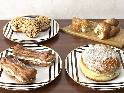 Assorted Bread Pastries With Nut Topping Cream Filling And Powdered Sugar On Plates Cutting Board 3d model
