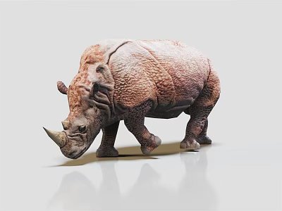 A Brownish Rhinoceros with Textured Skin in Walking Posture Against White Background and Reflective Ground 3d model