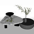 Modern Marble Coffee Table With Triangular And Circular Design Black Base And Green Foliage 3d model