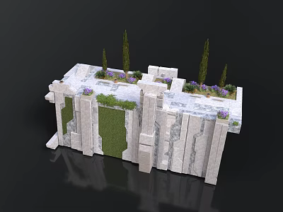 Modern Stone Building With Irregular Block Structure Grass Covered Sections Green Plants And Purple Flowers 3d model