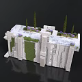 Modern Stone Building With Irregular Block Structure Grass Covered Sections Green Plants And Purple Flowers