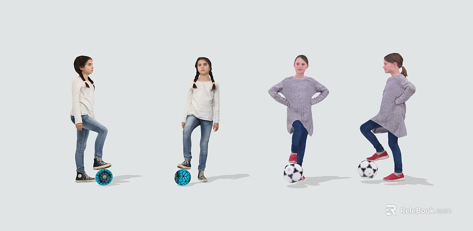Young women standing on soccer balls in casual outfits with various poses against gray background 3d model 