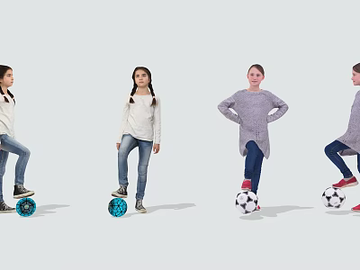 Young women standing on soccer balls in casual outfits with various poses against gray background 3d model