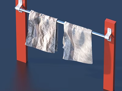 Red Bathroom Towel Rack With Metal Rod And Two Gray Towels 3d model