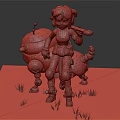 Red Haired Girl Sitting On Pink Robot Creature With Mechanical Details And Green Grass