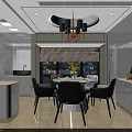 Open Design Dining and Living Room With White Cabinets Round Table Black Chairs and Chandelier
