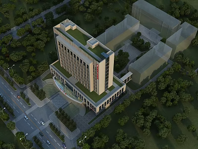 Aerial View Planning of Modern High Rise Building with Greenery and Surrounding Roads 3d model
