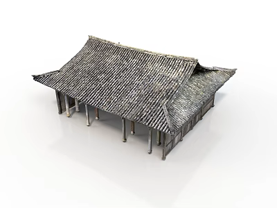 Traditional Ancient Style Building Featuring Tiled Roof Overhanging Eaves And Wooden Pillars 3d model