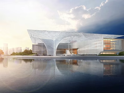 Modern Architectural Building With Unique Reticulated Roof Structure Water Reflection And Cloudy Sky Public Venue 3d model