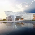 Modern Architectural Building With Unique Reticulated Roof Structure Water Reflection And Cloudy Sky Public Venue
