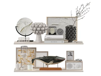 Ornamental Decor Set With Round Plate Spherical Ornament Books Alarm Clock Black Vase Hourglass Whale Figurine 3d model
