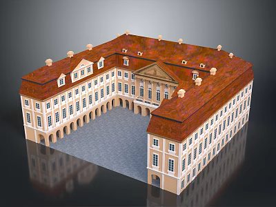 Classical European Architectural Building With Red Roof White Walls And Symmetrical Courtyard 3d model