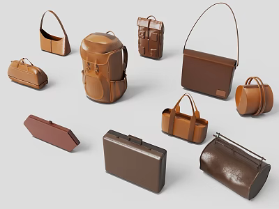 Assorted Brown Leather Bags and Luggage Including Backpacks Handbags Briefcases and Suitcases 3d model