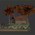 Cartoon Scene With Red Maple Trees Small Cabin Green Grass Blue Stream And Rocks