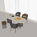 Modern Oval Table and Chairs Set With Dark Gray Seats Marble Top Bright Window Blinds