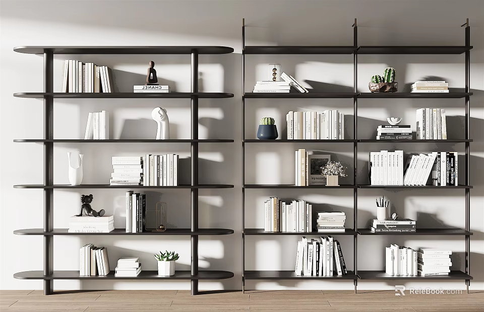 Stylish Tall Bookcases with Stacked Books Decorations Small Potted Plants and Sculptures on Multiple Shelves 3d model 