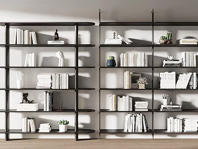 Stylish Tall Bookcases with Stacked Books Decorations Small Potted Plants and Sculptures on Multiple Shelves 3d model