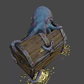 Octopus Shaped Game Movie Character Emerging From Wooden Treasure Chest With Scattered Gold Coins