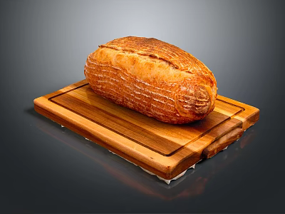 Fresh Baked Loaf Of Bread On Wooden Cutting Board With Texture 3d model