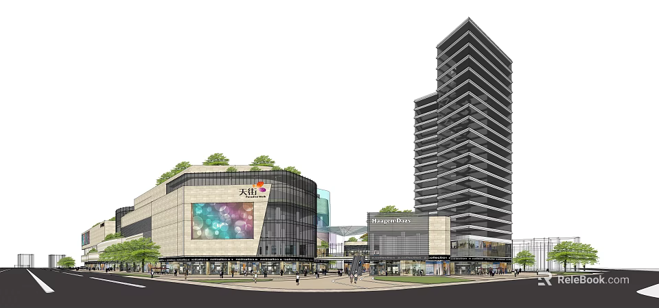 Modern Commercial Complex With Green Roof Large Digital Screen Shopping Mall And High Rise Building 3d model 