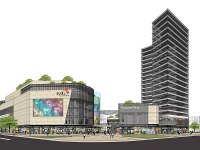 Modern Commercial Complex With Green Roof Large Digital Screen Shopping Mall And High Rise Building 3d model