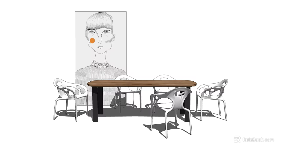 Modern Dining Table Set With Stylish Chairs And Decorative Artwork In Background 3d model