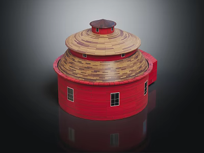 Red Round Barn Building With Striped Brown Yellow Roof And Small Windows Design 3d model