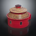 Red Round Barn Building With Striped Brown Yellow Roof And Small Windows Design