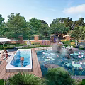 Serene Garden Landscape With Swimming Pool Pond Lotus Pavilion And Lounge Chairs