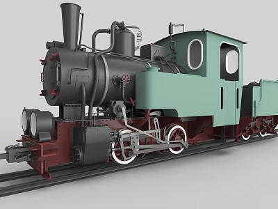 Vintage Steam Locomotive Black And Light Green Body With Red Undercarriage On Railway Tracks 3d model