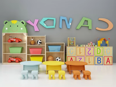 Kids Table With Colorful Stools Toy Cars Alphabet Blocks Football And Storage Shelf 3d model