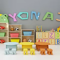 Kids Table With Colorful Stools Toy Cars Alphabet Blocks Football And Storage Shelf