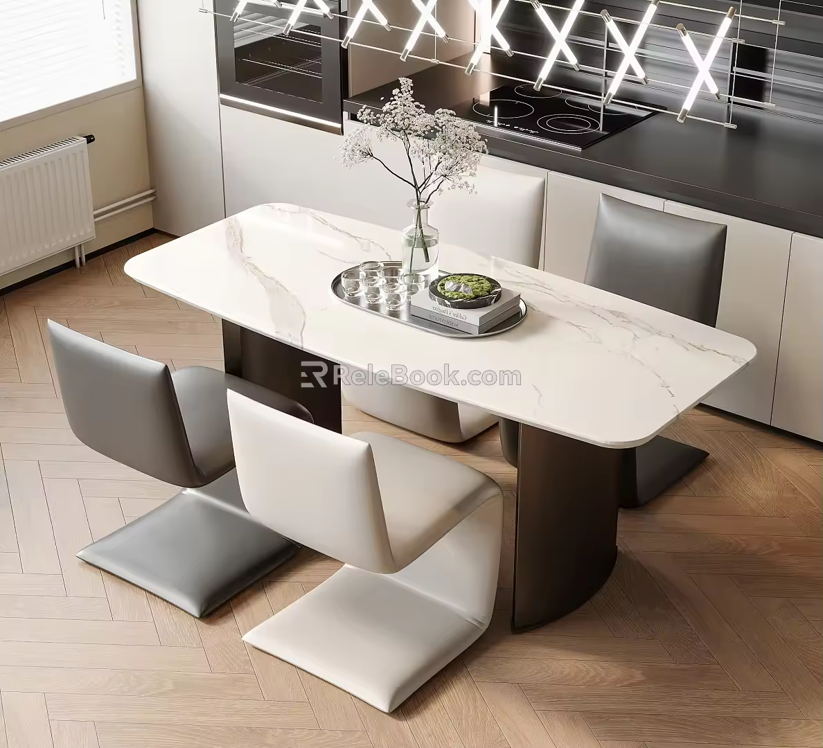 Modern Dining Table and Chair Combination Restaurant Dining Chair Dining Table Chandelier 3d model