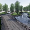 Scenic Park Landscape with Wooden Bridge Stream Lush Trees and Green Grass