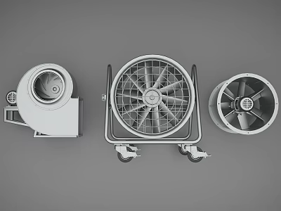 Industrial Equipment Three Different Types Industrial Fans Featuring Mobile Metal Frame Designs 3d model
