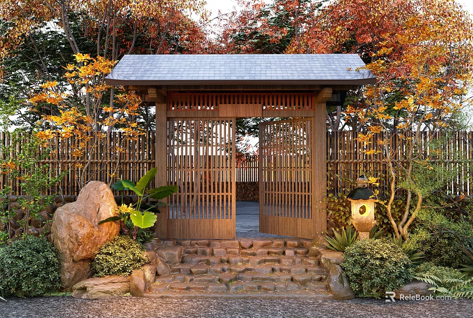 Japanese Garden Landscape With Wooden Gate Bamboo Fence Stone Steps Large Rock And Autumn Trees 3d model 
