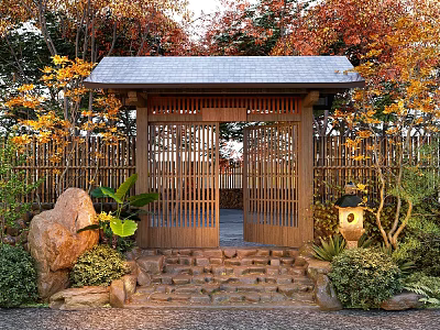 Japanese Garden Landscape With Wooden Gate Bamboo Fence Stone Steps Large Rock And Autumn Trees 3d model