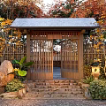 Japanese Garden Landscape With Wooden Gate Bamboo Fence Stone Steps Large Rock And Autumn Trees